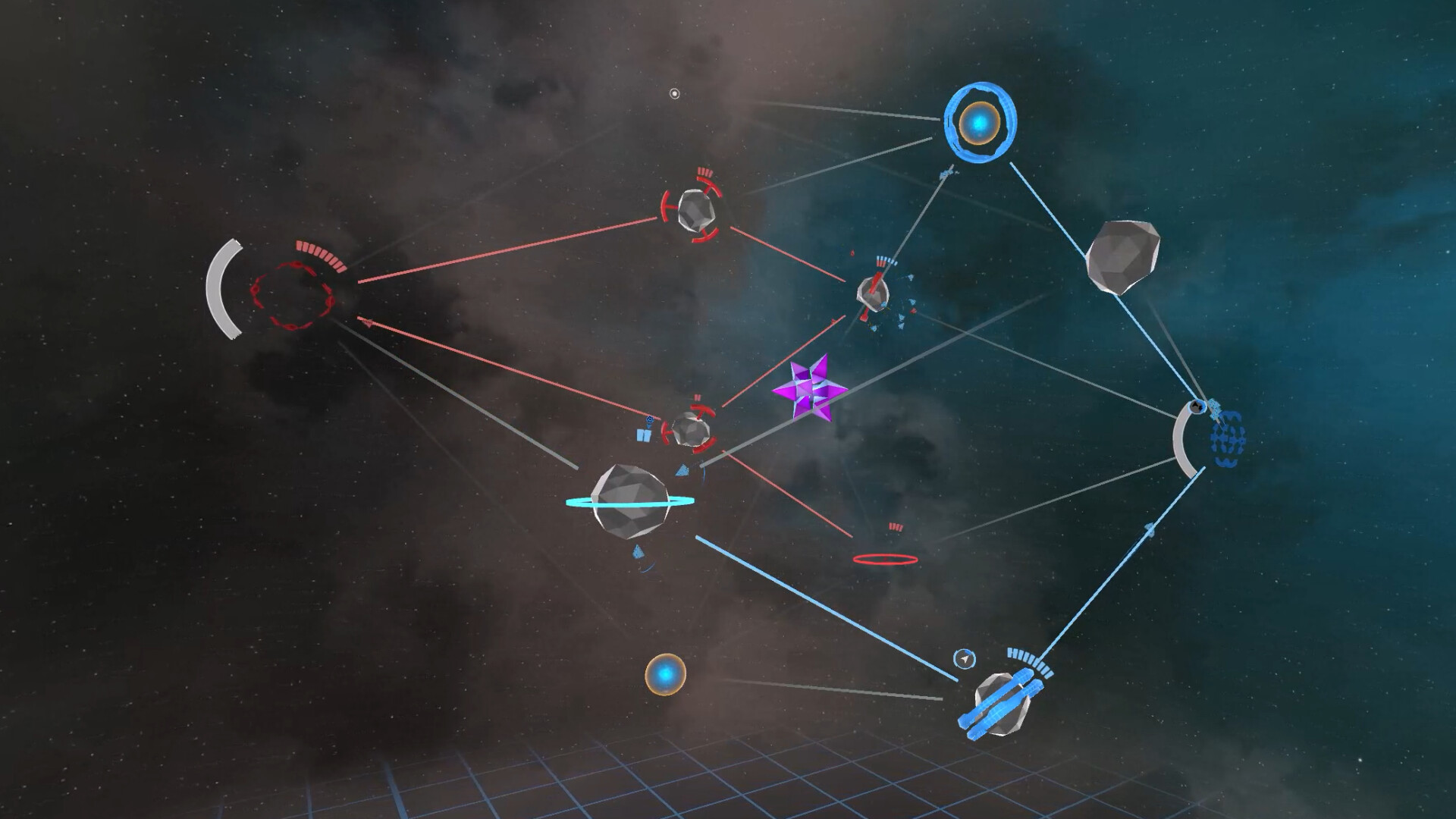 Wide view of the battle network — red and blue supply lanes contesting asteroid nodes