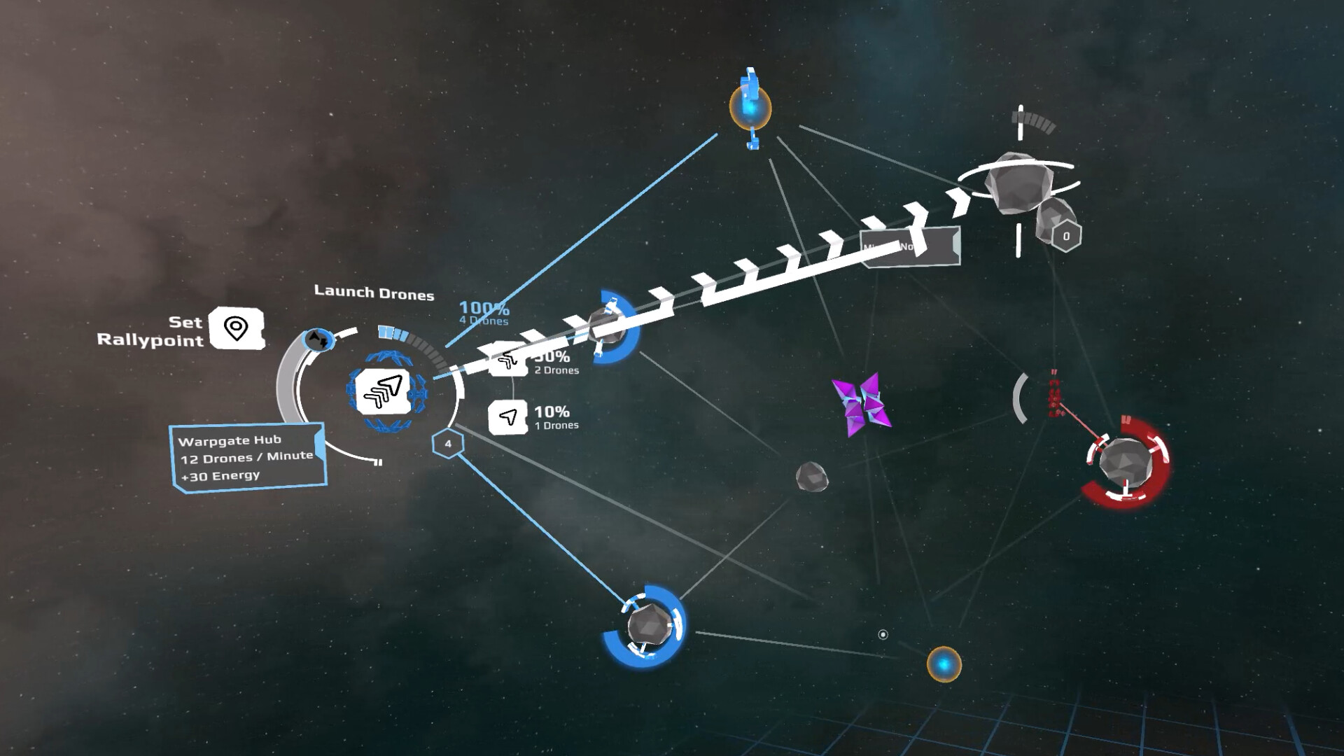 Drone lane streaming from a warpgate hub across the tactical map